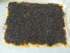 将黑芝麻馅平均地铺到面团上，压平表面