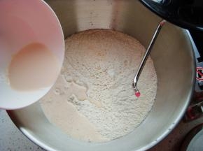 酵母粉用牛奶（分量内）化开，倒入面粉里。