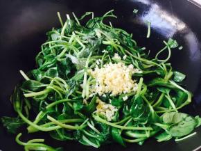 然后放入适量的盐，一小捏糖，蒜末，翻炒均匀。