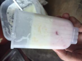 再将凤梨果酱酸奶勺入冰棒模具里，再将其放入冰箱冷冻室冷冻至凝固