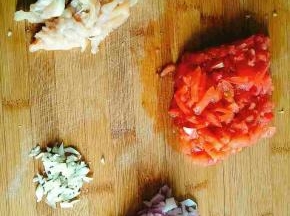 鸡胸肉切丝，番茄，洋葱切丁，蒜切末