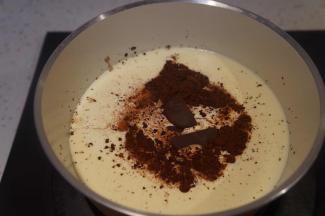 将可可粉和掰成小块的巧克力币放入奶锅