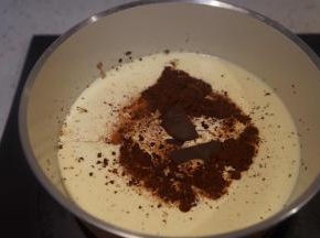 将可可粉和掰成小块的巧克力币放入奶锅