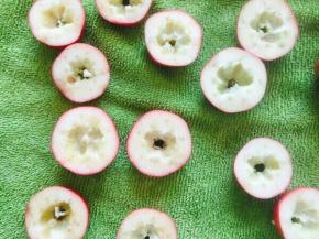 处理好的山楂对半切开。