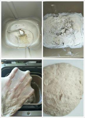 先把材料中的液体部分倒入面包桶。
再把盐、奶粉、全麦面粉、高筋面粉倒入面包桶内。最后放上酵母，启动面包机和面功能。面团揉出手套膜后，盖上面包机，使用发酵功能让面团松弛发酵30分钟至2~2.5倍。