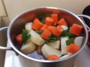中间1个小时的时候加入白萝卜和红萝卜还有葱断。再继续炖。