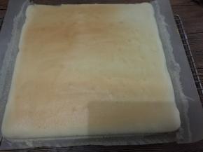 蛋糕出炉，连带油纸一起提起顺势滑到烤网，揭开四周晾凉。