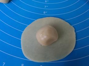 取一个水油皮，擀成圆片，包入油酥。