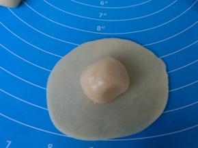 取一个水油皮，擀成圆片，包入油酥。