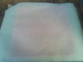 蛋糕卷晾至手温，用一张干净的油纸或油布，盖住蛋糕卷。