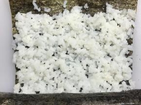 再准备一张海苔，铺一层白色米饭，卷在寿司最外测，接口用沙拉酱粘合。