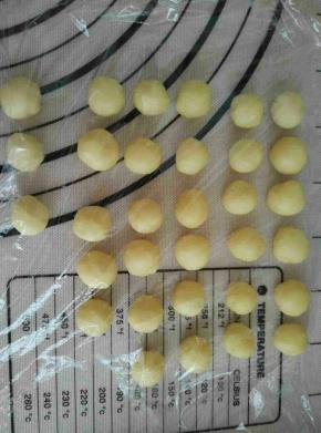 在二次发酵的过程中，做小熊耳朵。把剩余的面团1.5克一个，平均分成32个