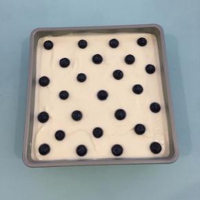 将拌好的蛋糕糊倒入方形模具中，轻轻的晃动几下，再用力震几下，震出大气泡，再摆上洗净沥干水的蓝莓。