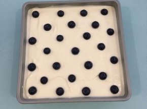 将拌好的蛋糕糊倒入方形模具中，轻轻的晃动几下，再用力震几下，震出大气泡，再摆上洗净沥干水的蓝莓。