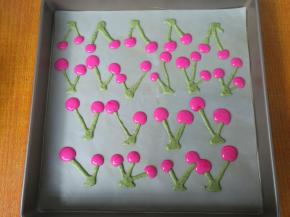 烤盘铺油纸，先用绿色在烤盘挤出枝丫，粉色挤出樱桃。