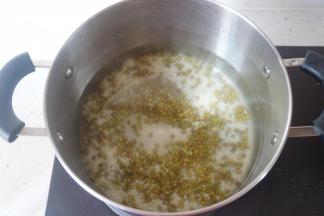 将绿豆和糯米放入锅内，加大约6倍的水中大火熬煮