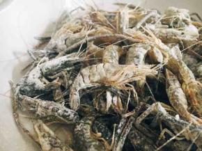 这是被均匀裹上薄薄的淀粉的小河虾