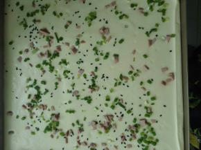 4、切拌均匀后倒入28x28的金盘中震两下，在上面撒上香葱、火腿粒和黑芝蔴。