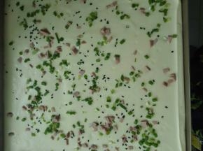 4、切拌均匀后倒入28x28的金盘中震两下，在上面撒上香葱、火腿粒和黑芝蔴。