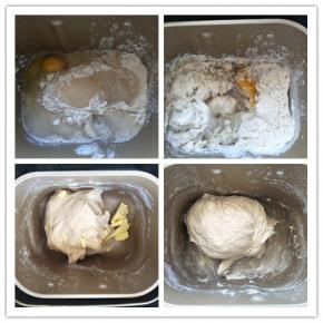 所有材料放入面包机10分钟揉至粗模，放入黄油在揉面15分钟。