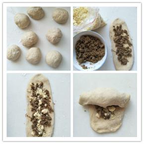 取出绿豆馅，椰蓉馅备用。面团分成八份，擀开包入绿豆馅和椰蓉馅，由上而下依次卷起。