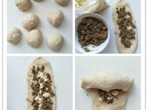 取出绿豆馅，椰蓉馅备用。面团分成八份，擀开包入绿豆馅和椰蓉馅，由上而下依次卷起。