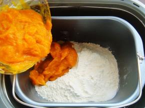 把酵母粉盖上，倒入南瓜泥。（只用南瓜泥无需再加水。不同牌子的面粉吸水性不同，建议南瓜泥先保留20克左右，视面团状态酌情添加）