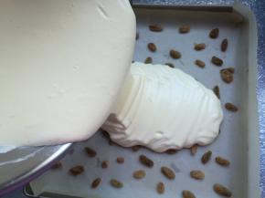 倒入铺了葡萄干的烤盘中，