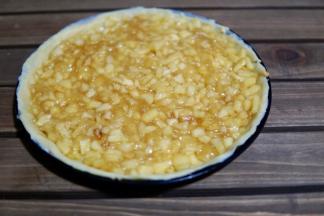 冷却的苹果内馅放入盘内，用勺子压平