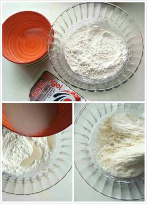 种面做法，酵母放在水里搅拌一下，倒入面粉里和成团，发酵成如图状。