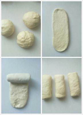 发酵好的面团分成三份松弛十分钟，擀成椭圆形，由上向下卷起，盖上保鲜膜松弛十分钟