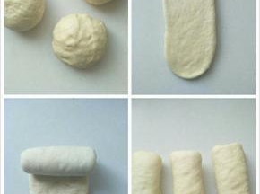 发酵好的面团分成三份松弛十分钟，擀成椭圆形，由上向下卷起，盖上保鲜膜松弛十分钟