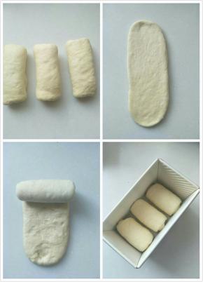 松弛好的面团按一下擀开，反面，由上向下卷起放入阳晨中国红土司模具里