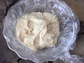 然后取出种面放入碗里盖上保鲜膜室温静置1小时后放入冰箱冷藏24小时