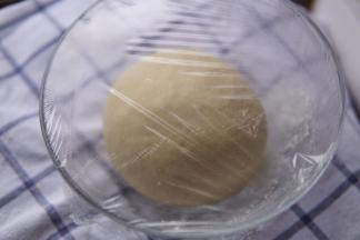 盖保鲜膜准备发酵（可以用冷藏法也可以用烤箱发酵）现在季节温度高，常温也可以。