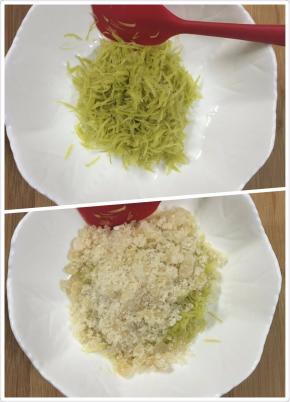5. 冲洗好的柚子皮挤干水，用150克的黄冰糖铺盖在柚子皮上，（这一步是使柚子皮不苦涩的关键步骤不可忽略）