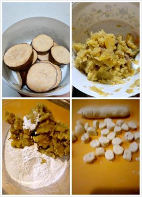 红薯放入蒸锅蒸好压碎，加入木薯粉和好，切块备用。