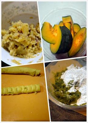 金瓜放入蒸锅蒸好压碎，加入木薯粉和好，切块备用。