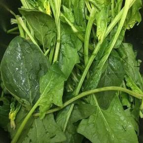 菠菜摘下跟和坏的叶子，用水洗干净