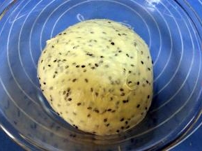 加入熟芝麻揉匀，盖上保鲜膜，放温暖处发酵。