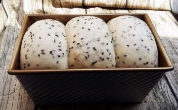 面团发酵至模具九分满，用手轻按面团表面，能缓慢回弹即可。表面刷表蛋液。（面团发酵时，正好有事，导致我这个面团发的稍微过了些，都高出模具啦。）