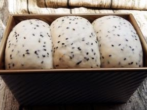 面团发酵至模具九分满，用手轻按面团表面，能缓慢回弹即可。表面刷表蛋液。（面团发酵时，正好有事，导致我这个面团发的稍微过了些，都高出模具啦。）