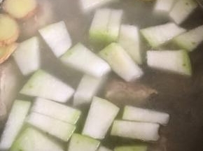 开锅后转中小火煮15分钟左右，加入切好的冬瓜片（这个时候汤的颜色变白一些）