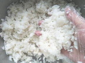 做法；米饭加入寿司醋搅拌均匀