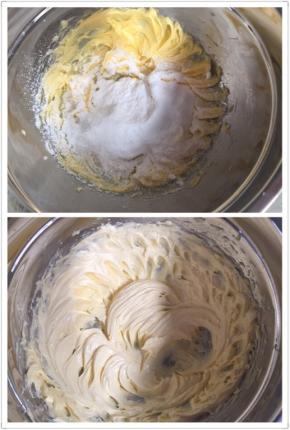 加入糖粉，盐，继续打发至均匀，并稍微有点蓬松的状态。