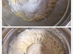 加入糖粉，盐，继续打发至均匀，并稍微有点蓬松的状态。