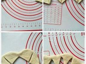 切开后再分开拉平，再从中间切开不切断。拉开再分别切开，即分成8个。全部切好后拉成一个圆形