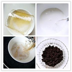 1.	吉利丁片加水泡软。2.牛奶40克加热至微温。3.放入泡软的吉利丁片并不停搅拌使吉利丁均匀的溶解。4.将饼干用料理机打至粉碎，黄油用微波炉或者隔水加热的方式加热至融化。将饼干和黄油充分混合拌匀。