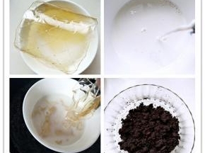 1.	吉利丁片加水泡软。2.牛奶40克加热至微温。3.放入泡软的吉利丁片并不停搅拌使吉利丁均匀的溶解。4.将饼干用料理机打至粉碎，黄油用微波炉或者隔水加热的方式加热至融化。将饼干和黄油充分混合拌匀。