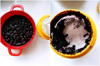 2.	取200g桑葚加加糖腌制半个小时，2.加剩余40克牛奶用料理机打成桑葚果泥